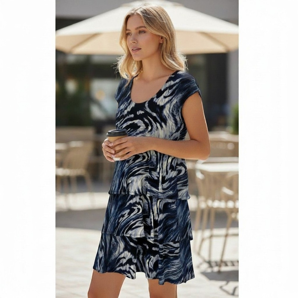 Tiana B Blue Black Swirled Marble Empire Waist Cap Sleeve Tiered Dress Sz M - Picture 2 of 11